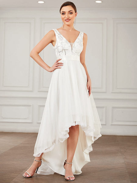 Deep V Neck Tulle High-Low Prom Dress with Sequin Detail