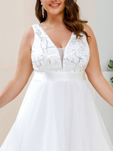 Deep V Neck Tulle High-Low Prom Dress with Sequin Detail