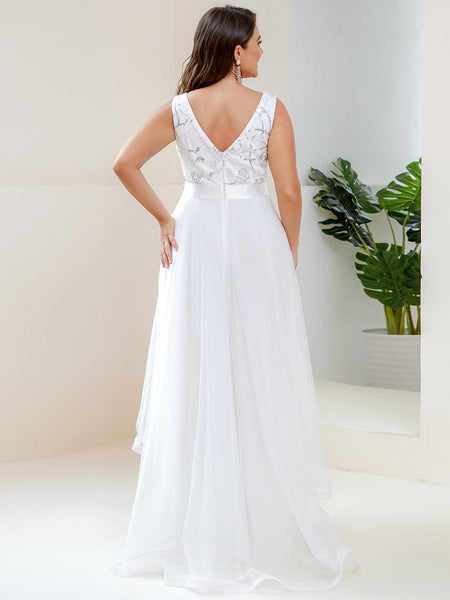 Deep V Neck Tulle High-Low Prom Dress with Sequin Detail