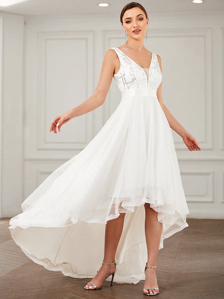 Deep V Neck Tulle High-Low Prom Dress with Sequin Detail