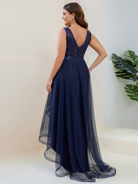 Deep V Neck Tulle High-Low Prom Dress with Sequin Detail
