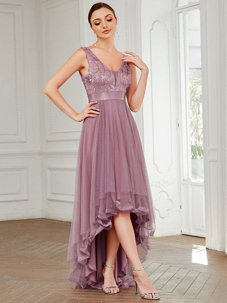 Deep V Neck Tulle High-Low Prom Dress with Sequin Detail