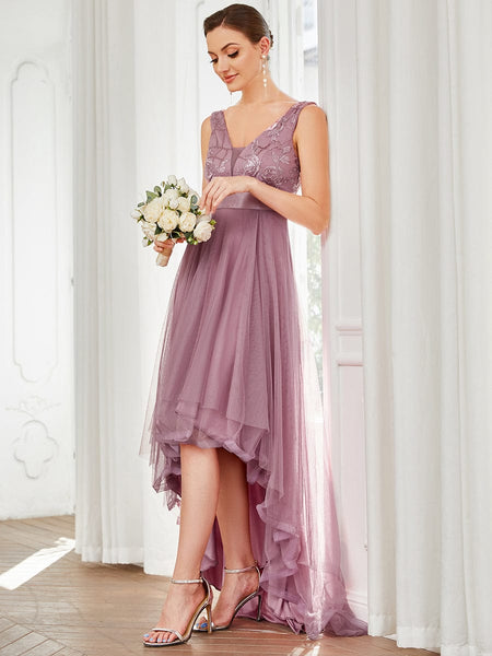 Deep V Neck Tulle High-Low Prom Dress with Sequin Detail