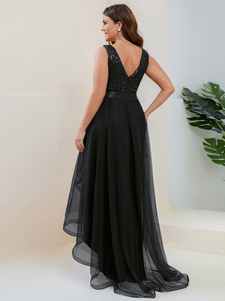 Deep V Neck Tulle High-Low Prom Dress with Sequin Detail