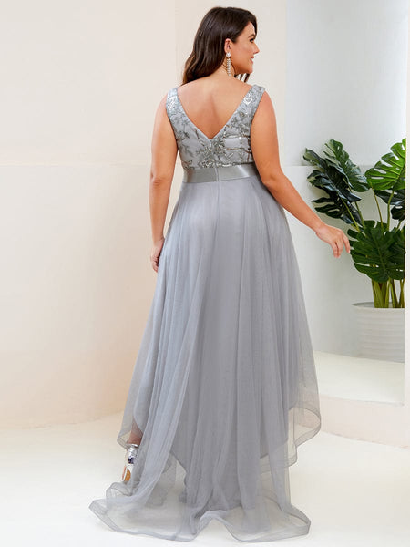 Deep V Neck Tulle High-Low Prom Dress with Sequin Detail