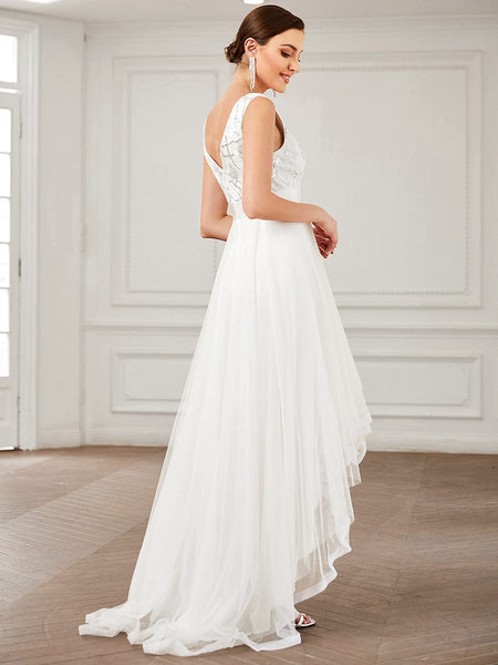 Deep V Neck Tulle High-Low Prom Dress with Sequin Detail