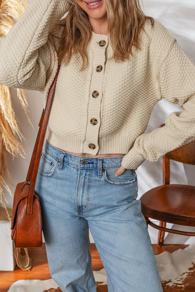 Stylish Women's Beige Cropped Cardigan Sweater - Cozy Button-Up Fit Perfect for Fall and Winter Layering