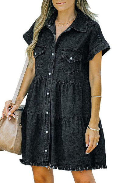 Women's Retro Short Sleeve Denim Midi Shirt Dress