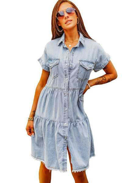 Women's Retro Short Sleeve Denim Midi Shirt Dress