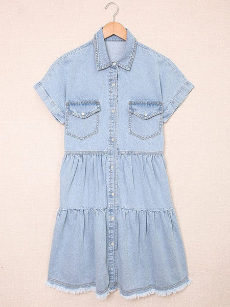 Women's Retro Short Sleeve Denim Midi Shirt Dress