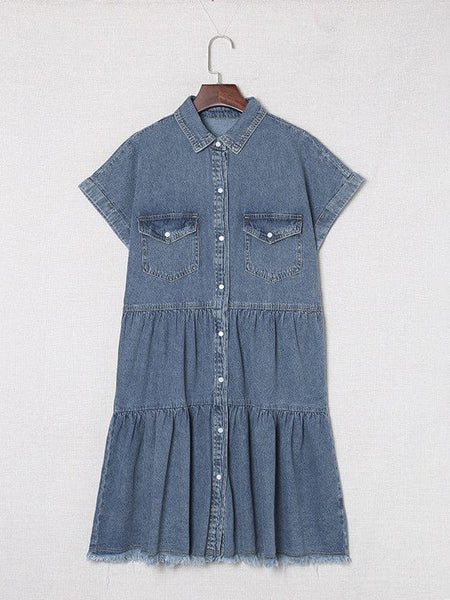 Women's Retro Short Sleeve Denim Midi Shirt Dress