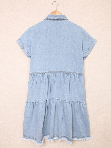 Women's Retro Short Sleeve Denim Midi Shirt Dress