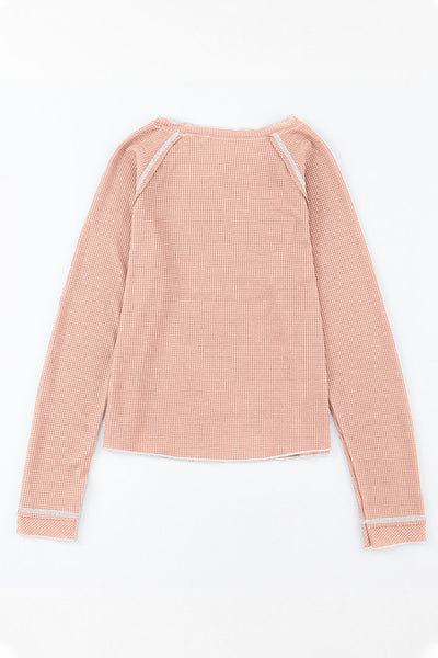 Women's Apricot Pink Textured Long Sleeve Blouse - Casual Round Neck Top for Everyday Comfort and Effortless Style