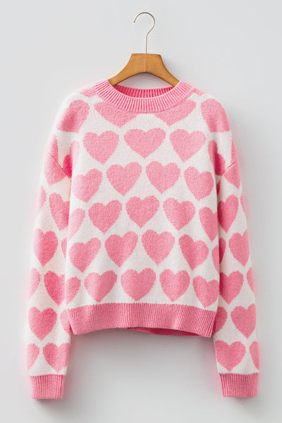 Women's Strawberry Pink Heart Print Knit Sweater | Drop Shoulder Top