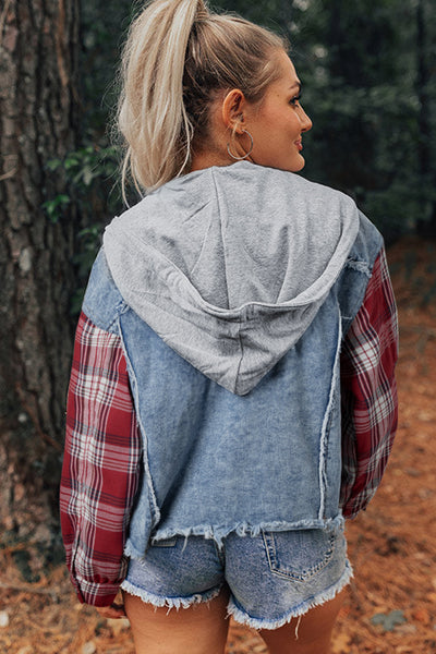 Women's Casual Beau Blue Plaid Denim Jacket with Hood and Raw Hem - Trendy Patchwork Style for Everyday Wear