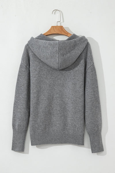 Cozy Women's Medium Grey Hooded Cardigan Sweater with Button-Up Closure and Drop Shoulders for Effortless Style