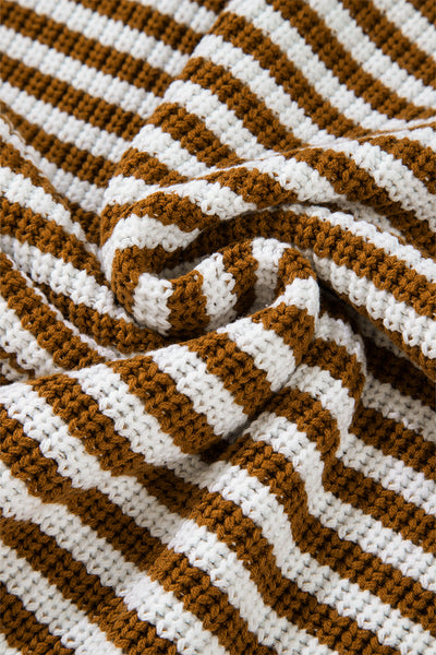 Cozy Women's Khaki Stripe Zip-Up Sweater with Drop Shoulder for Effortless Casual Chic