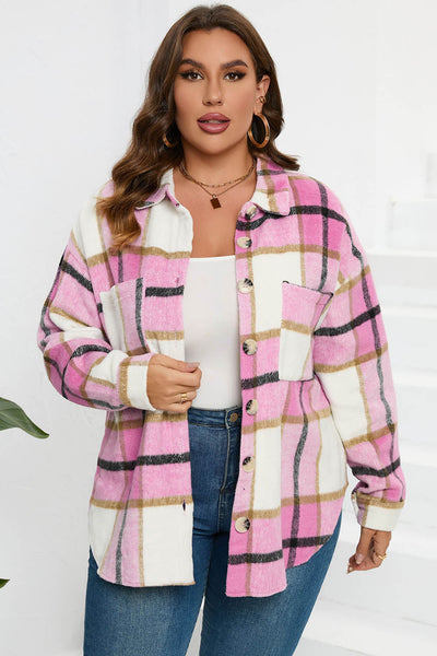 Chic Women's Pink Plaid Jacket - Cozy Casual Outerwear for Trendy Fall and Winter Looks
