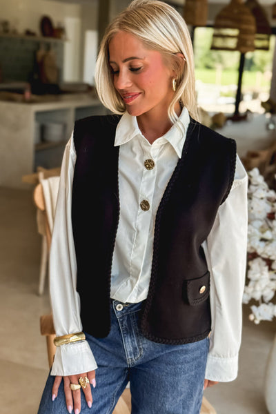 Chic Women's Black Open Front Vest with Braided Trim - Perfect Layering Top for Trendy Outfits and Effortless Style