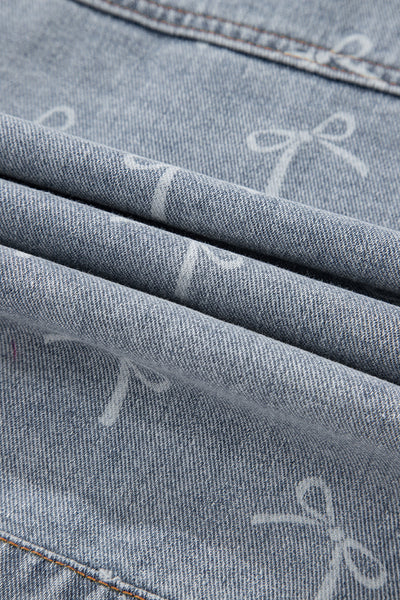 Women's Sky Blue Bow Print Raw Hem Denim Jacket