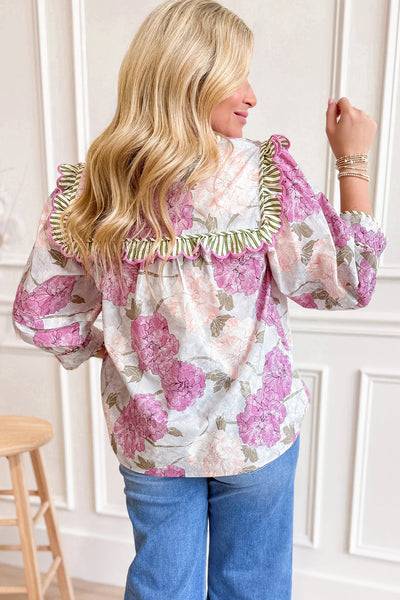 Women's Purple Floral Striped Ruffle Blouse with Contrasting Trim - Stylish 3/4 Sleeve Top for Everyday Wear
