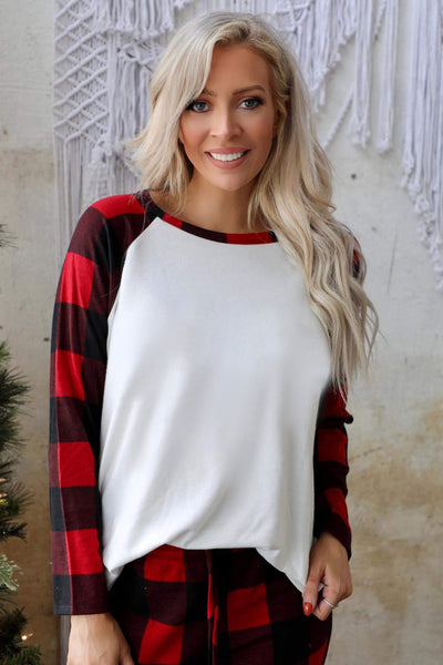 Cozy Red Plaid Lounge Set with Raglan Sleeves and Drawstring Pants