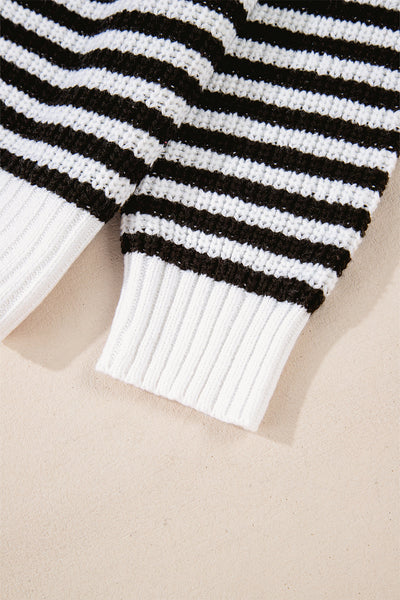 Chic Women's Black Stripe Zip-Up Sweater with Drop Shoulders - Cozy Casual Layering for Every Occasion
