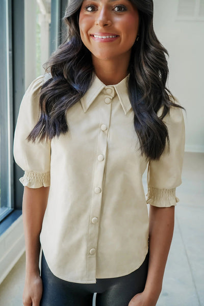 Beige Faux Suede Short Sleeve Button-Down Shirt for Women - Stylish Frilled Casual Top for Effortless Everyday Wear
