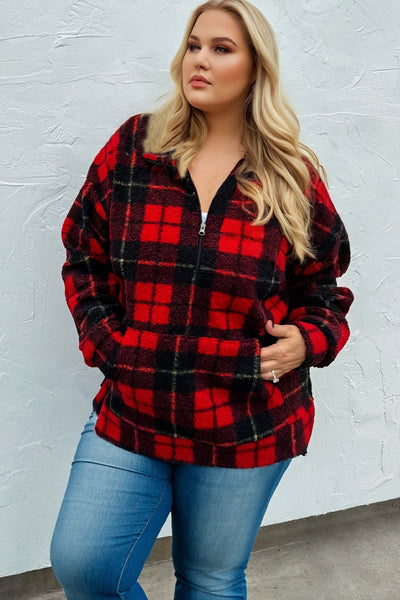 Plus Size Women's Cozy Red Plaid Fleece Sweatshirt with Collar & Half Zip - Perfect Casual Layer for All Seasons