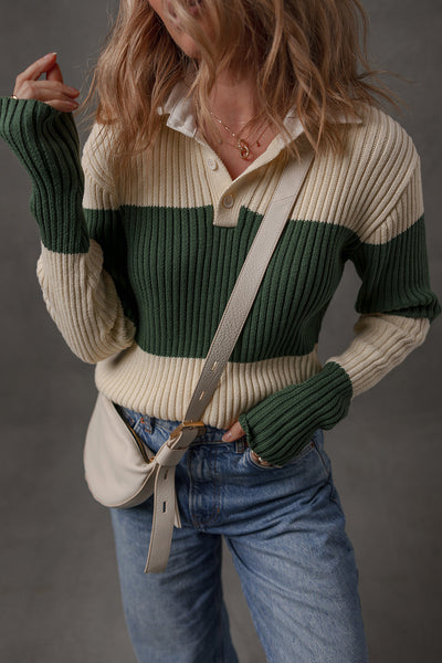 Women's Blackish Green Color Block Ribbed Knit Sweater with Shirt Collar - Slim Fit Stylish Top