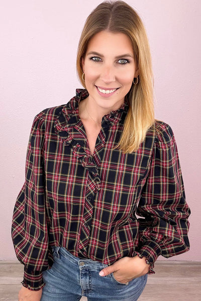 Trendy Women's Multicolored Plaid Puff Sleeve Blouse with Frill Collar - Chic Style for Fashionable Outfits