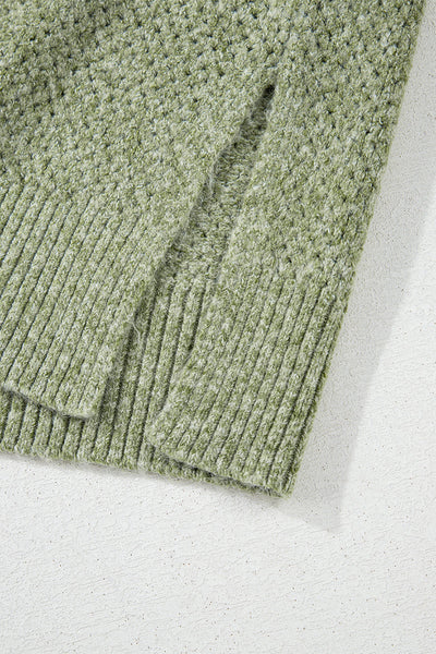 Women's Cozy Jungle Green Loose Eyelet V-Neck Sweater - Stylish Drop Shoulder Knitwear for Effortless Casual Chic