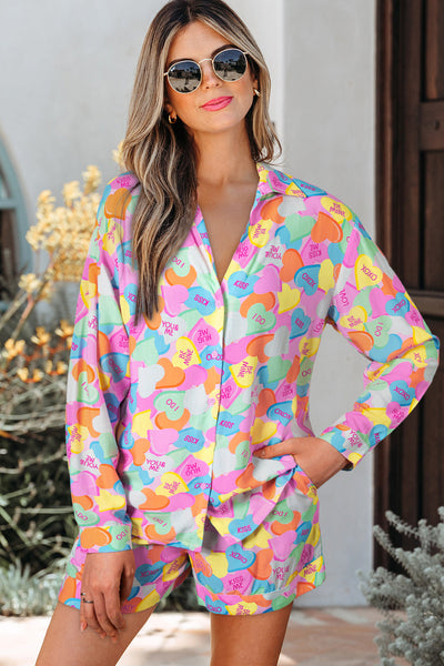 Women's Cozy Pink Valentine's Day Candy Heart V-Neck Tunic & Shorts Pajama Set for Relaxing Nights at Home