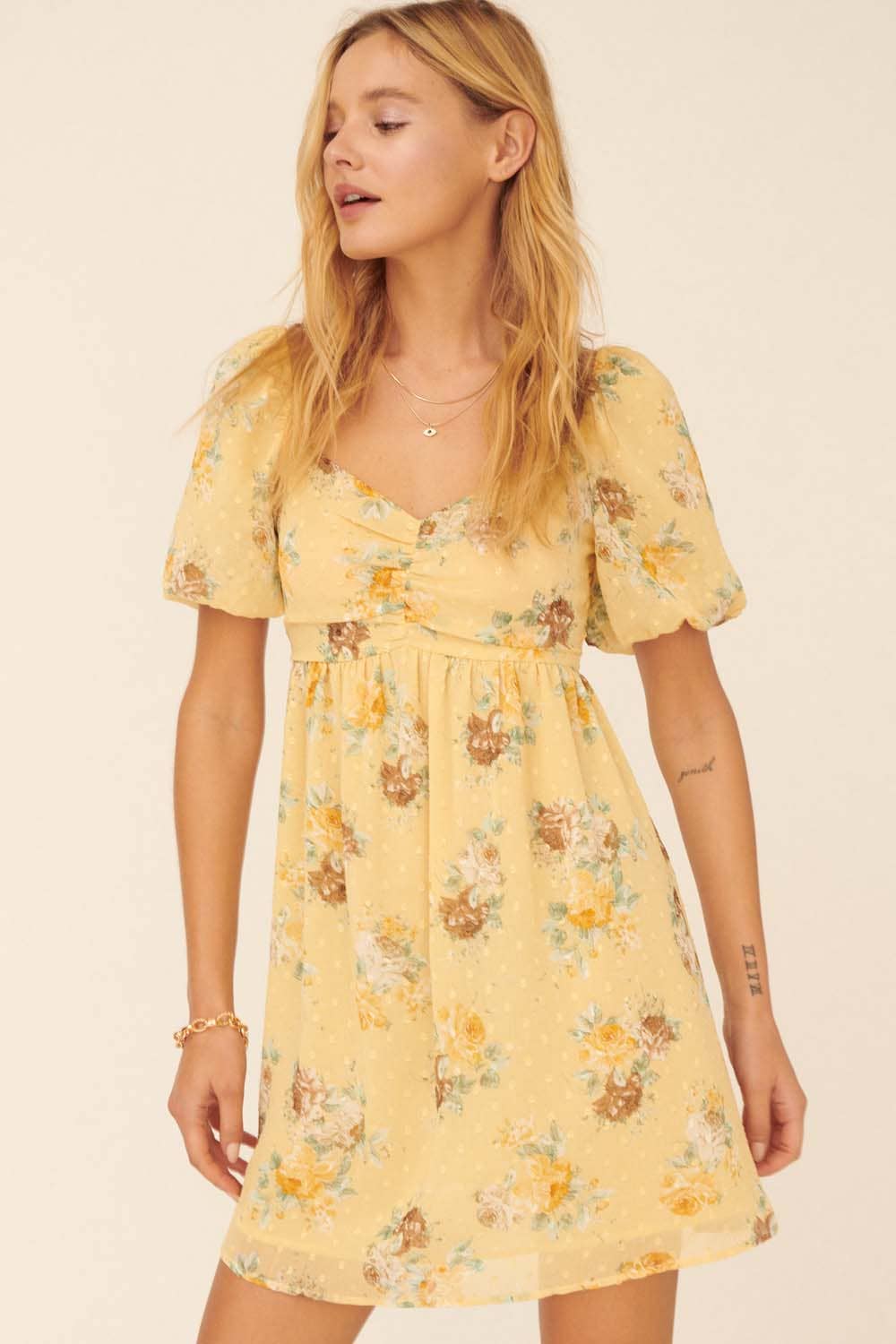 Floral Swiss Dot Sweetheart Smock Back Mini Dress