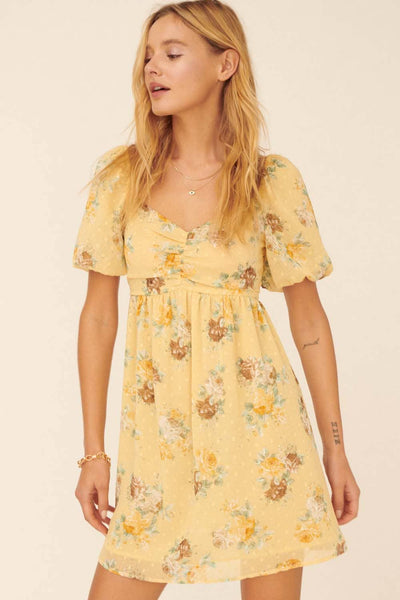Floral Swiss Dot Sweetheart Smock Back Mini Dress