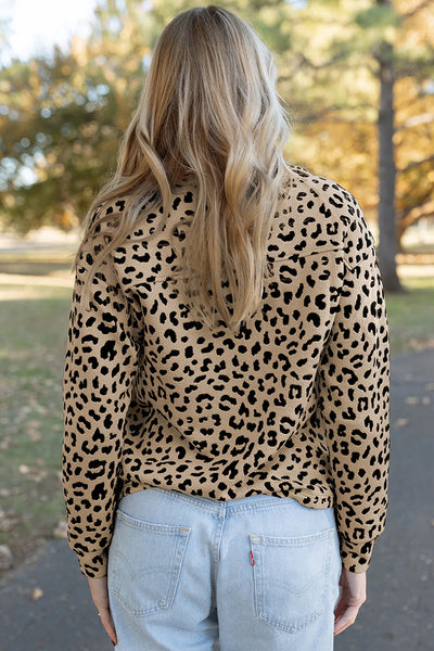 Women's Stylish Leopard Print V-Neck Polo Pullover Top in Parchment - Comfortable Casual Wear for Everyday Adventures