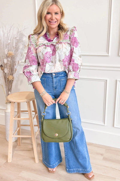 Women's Purple Floral Striped Ruffle Blouse with Contrasting Trim - Stylish 3/4 Sleeve Top for Everyday Wear