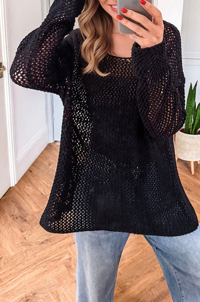 Cozy Women's Black Crochet Pullover Sweater - Stylish Openwork Knit for Effortless Chic Look and Comfort