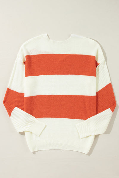 Cozy Women's Orange Striped Knit Sweater - Casual Fall & Winter Essential with Comfortable Fit and Stylish Design