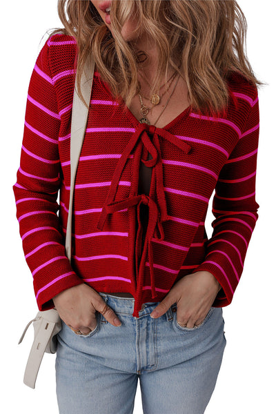 Stylish Women's Red Striped V-Neck Knit Cardigan Sweater with Tie Front for Effortless Comfort and Trendy Looks