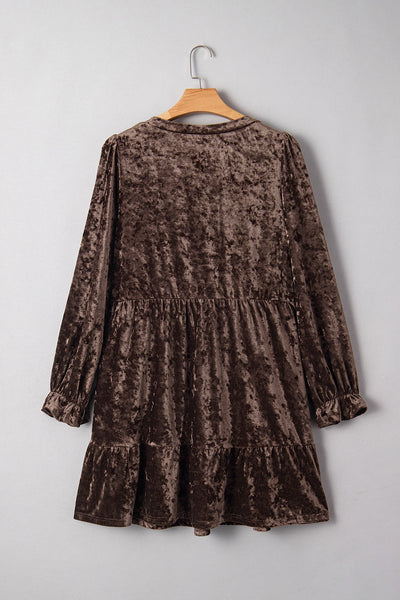 Chic Plus Size Women's Coffee Velvet Babydoll Mini Dress with Puff Sleeves - Stylish & Comfortable Evening Outfit