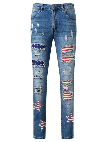 Women's Patriotic Distressed Star and Stripe Sequin Jeans made for easy styling and wardrobe coordination, with premium-like structure and finish.