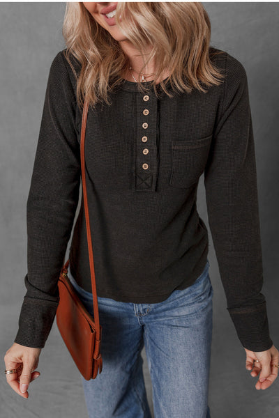 Women's Casual Black Mineral Wash Long Sleeve Henley Top with Waffle Knit and Pocket Perfect for Everyday Wear