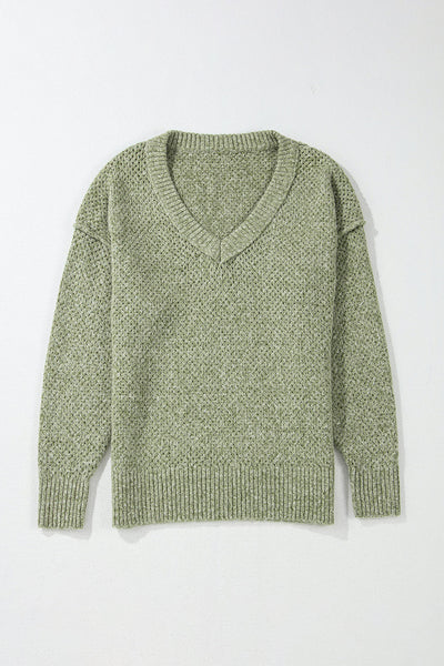 Women's Cozy Jungle Green Loose Eyelet V-Neck Sweater - Stylish Drop Shoulder Knitwear for Effortless Casual Chic