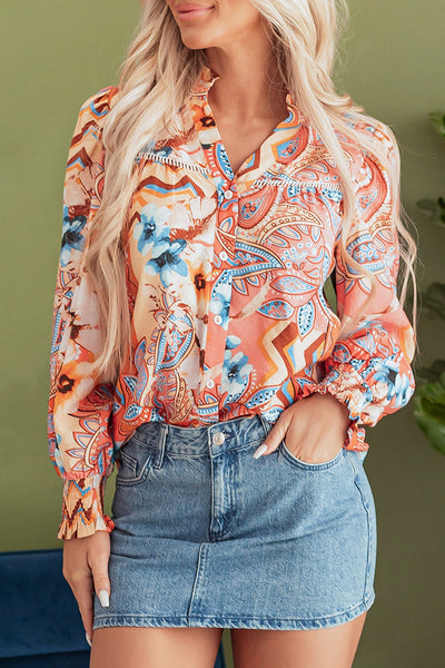 Women's Stylish Orange Floral Print Loose Blouse with Shirred Cuffs and Button Detail - Comfortable Casual Top