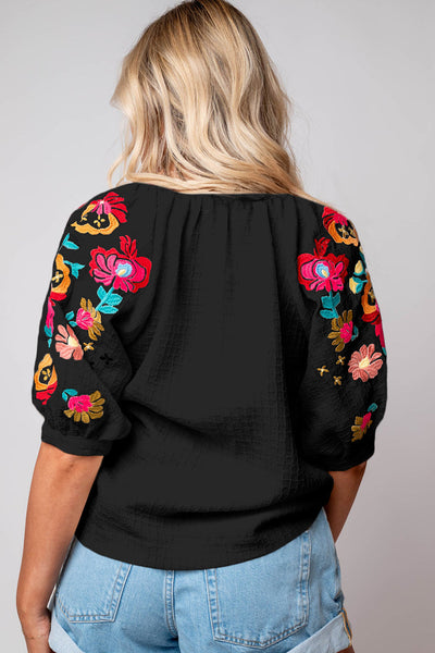 Chic Women's Black Floral Embroidered Puff Sleeve Blouse with Textured Fabric - Elegant Top for Any Occasion