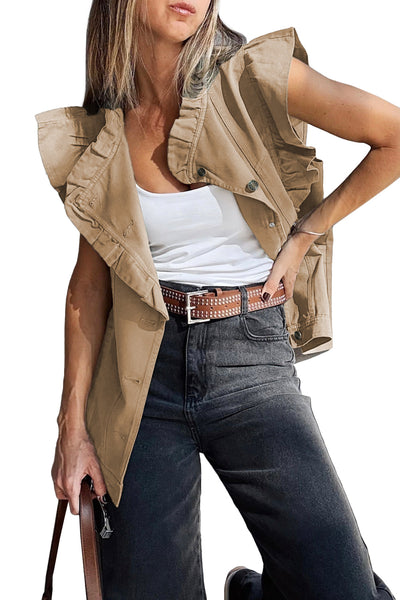 Women's Pale Khaki Ruffled Denim Vest Jacket - Trendy Layering Piece for Casual Chic Styles