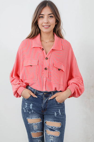 Pink French Terry Oversized Henley Blouse