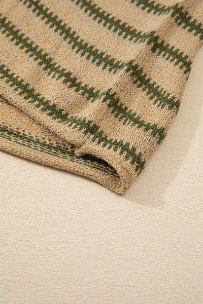 Women's Cozy Khaki Striped Drop Shoulder Sweater - Casual Chic Style for Everyday Comfort and Versatile Wear