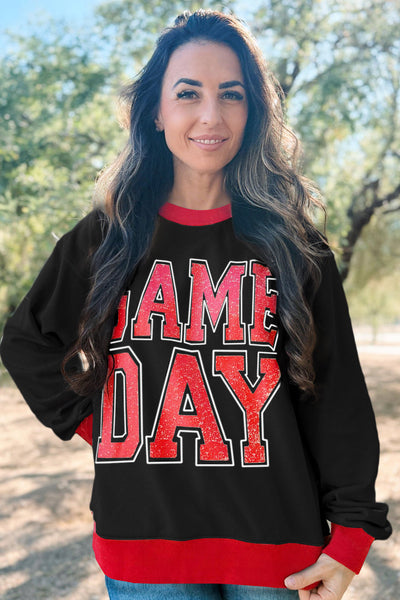 Women's Black Baggy Varsity Sweatshirt with GAME DAY Graphic Trendy Comfort for Fashionable Athleisure Looks